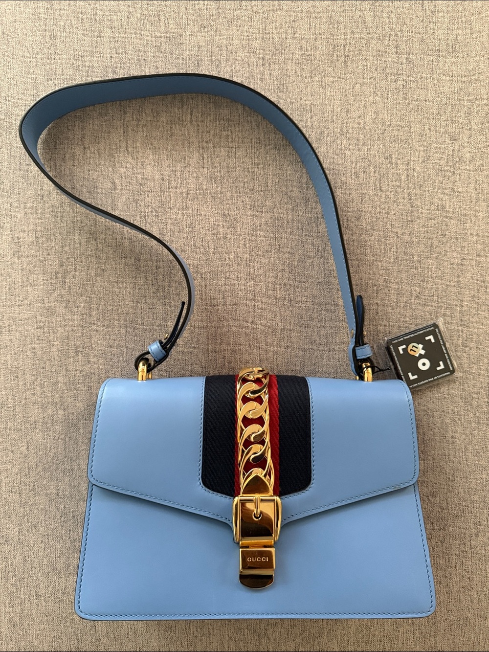 Gucci Sylvie Light Blue Leather Shoulder Bag Blue Web Stripe